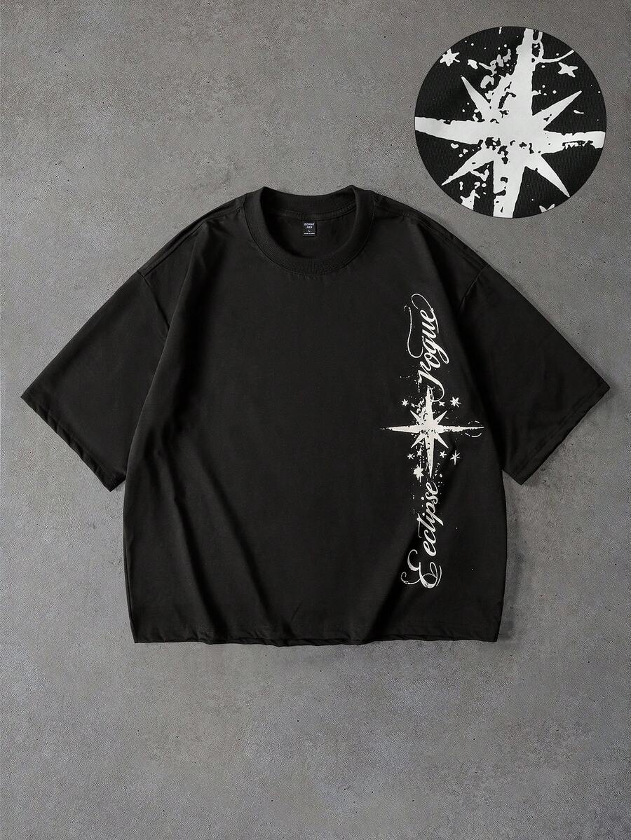 ROMWE MEN Kaos Pria Lengan Pendek Longgar dengan Motif Cetak - Hitam - View 1