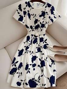 Franclia French Style Elegant Woven Belted Round Neck Short Sleeve Fitted Summer Dress For Women - Multicolor - View 4