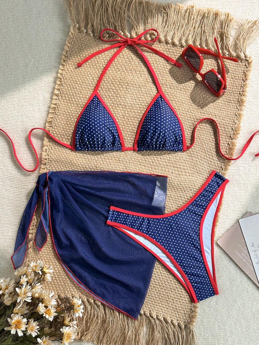 Swim Mod 女款 3 件組夏季可愛星星紅拼接 V 領掛脖綁帶比基尼附側綁裙泳衣套裝 - 彩色 - 查看 1