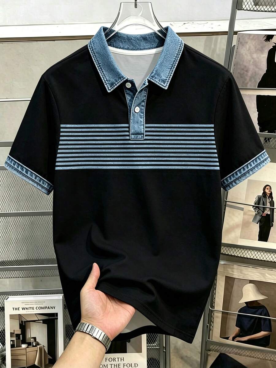 Daypath Men's Summer Casual Contrast Color Striped Polo Shirt - Black - View 1