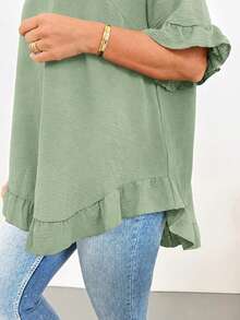 Shapeblank Blusa casual de mujer talla grande de unicolor con cuello redondo, manga corta y bajo con volantes - verde menta - Ver 8