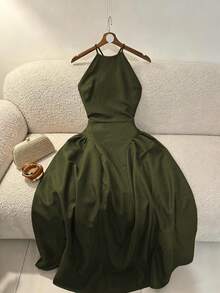 GlowEve Women's Solid Color Halter Neck Cold Shoulder Cinched Waist Side Seam Ruched Backless Wrap Tie Mid-Length Coffee Brown Dress, Elegant French Vintage Formal Office Commute Business Casual Beach Vacation Afternoon Tea Street Style Minimalist Versatile Old Money Australian Home Leisure Bohemian Holiday Party Photo Shoot Spring Summer New - Army Green - View 6
