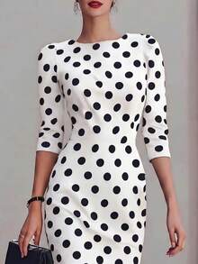 SHEIN LUNE Women's Elegant Casual Black And White Polka Dot Midi-Length Fitted Dress - Black and White - View 3