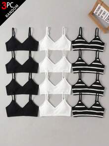 SHEIN Tween女孩兒童極簡舒適純色V領加墊背心內衣套裝 3件組，四季適用 - 彩色 - 查看 4