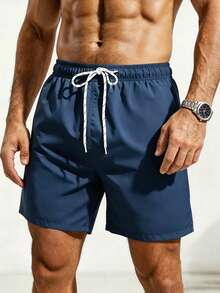 Manfinity KASUA Men's Solid Color Drawstring Waist Pocket Beach Shorts For Vacation - Blue - View 5