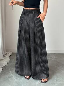 SHEIN Women's High Waist Elegant Fashion Pleated Elastic Waist Loose Wide Leg Versatile Casual Denim Jeans - Black - View 5