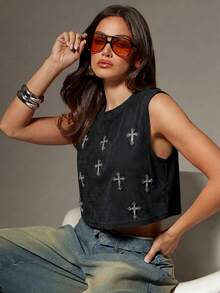 Denimoi Rhinestone Cross Charms Cropped Low Armhole Tank Top, Fashionable, Crop Top - Black - View 11