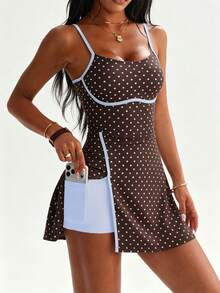 CourtClass CourtClass Gaun Olahraga Golf Wanita Musim Semi/Panas, Gaun Tenis Motif Polkadot dengan Tali Bahu Tipis, Trim Kontras, Belahan Depan, Celana Pendek yang Dapat Dilepas & Saku, Yoga - MultiWarna - View 6
