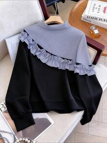 GlowEve CURVE Plus Size Striped Patchwork Ruffle Design Casual Fashion Long Sleeve Shirt 2 In 1 Sweatshirt For Home And Commute Fall - Black - View 2