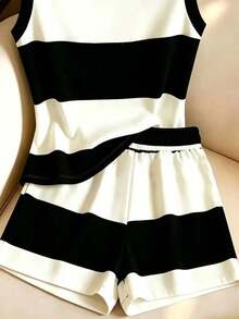 GlowEve Women's Summer Casual Colorblock Striped Tank Top And Shorts 2 Pieces Set - Black and White - View 6