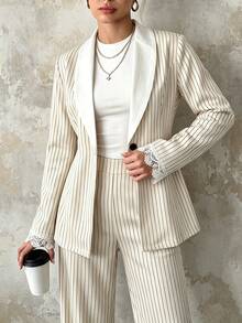 SHEIN Women's Business Striped Lace Patchwork Button Jacket And Contrast Color Pants Suit Set - White - View 6