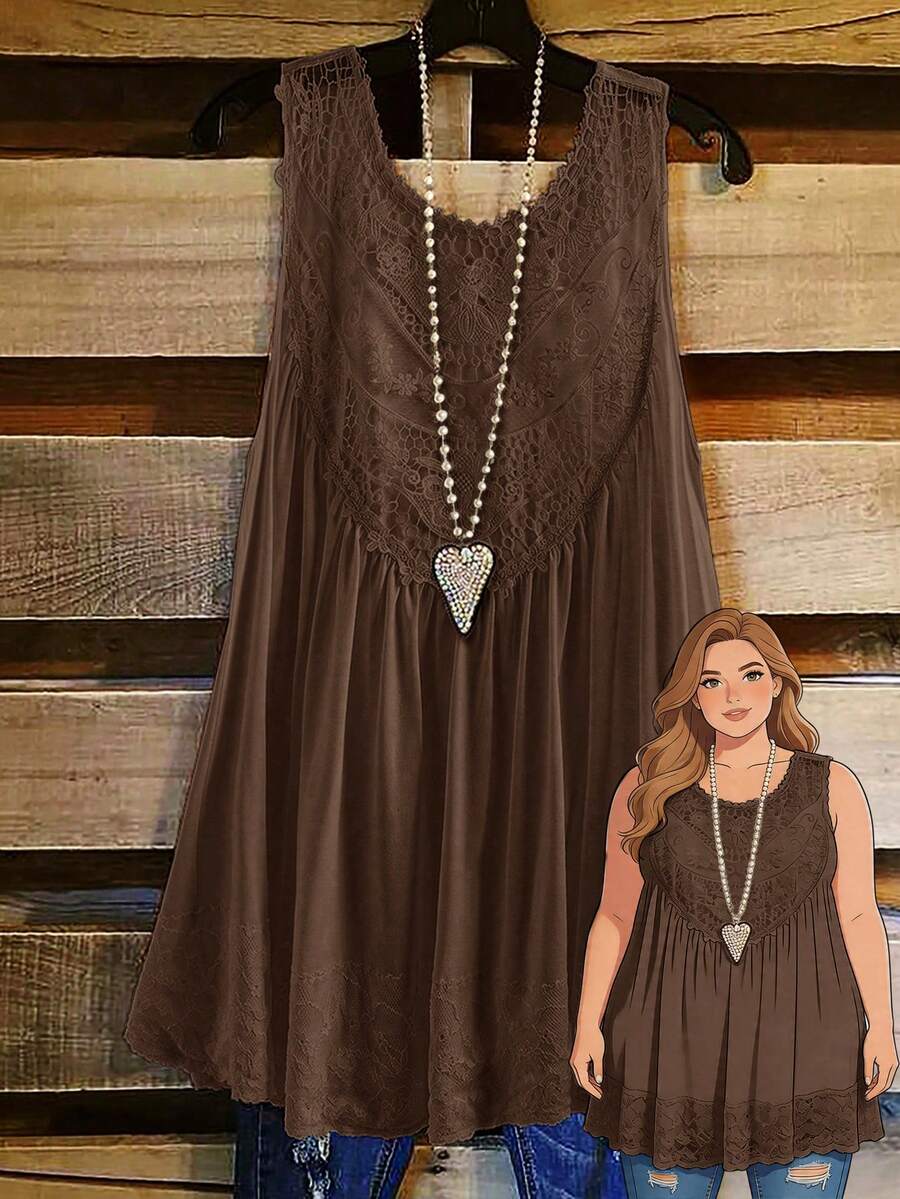 Rusticease Women's Plus Size Lace Patchwork Tank Top - Brown - View 1