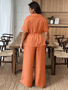 Weeklong Conjunto de 2 piezas de camisa y pantalones de talla grande, unicolor, con cordón en la cintura, para vacaciones y uso casual - Naranja - Ver 2