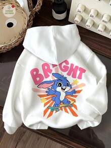 女嬰休閒極簡可愛卡通藍兔 Lulu & Stitch 圖案軟綿連帽長袖落肩衛衣，舒適 Y2K 秋冬風格，Kawaii - 彩色 - 查看 1