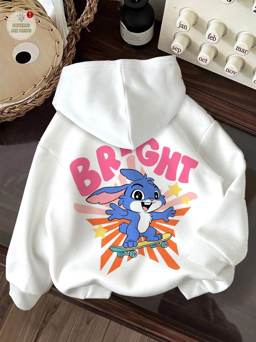 女嬰休閒極簡可愛卡通藍兔 Lulu & Stitch 圖案軟綿連帽長袖落肩衛衣,舒適 Y2K 秋冬風格,Kawaii - 彩色 - 查看 1