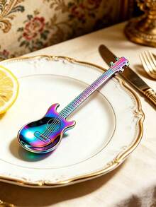 1 pieza Cuchara con forma de guitarra creativa de plata, adecuada para café, té, postres, helado - Utensilio de cocina de acero inoxidable, artículos de cocina, vajilla - Color - Ver 7