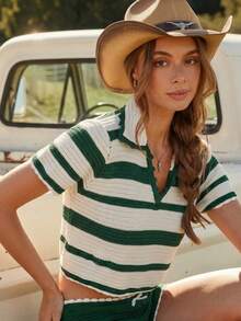 WESTFADE Green & White Striped Short Length Slimming Knit Short Sleeve Crochet Knit Polo Shirt, Vacation, Casual, Festival, Country Concert, Holiday - Green - View 1
