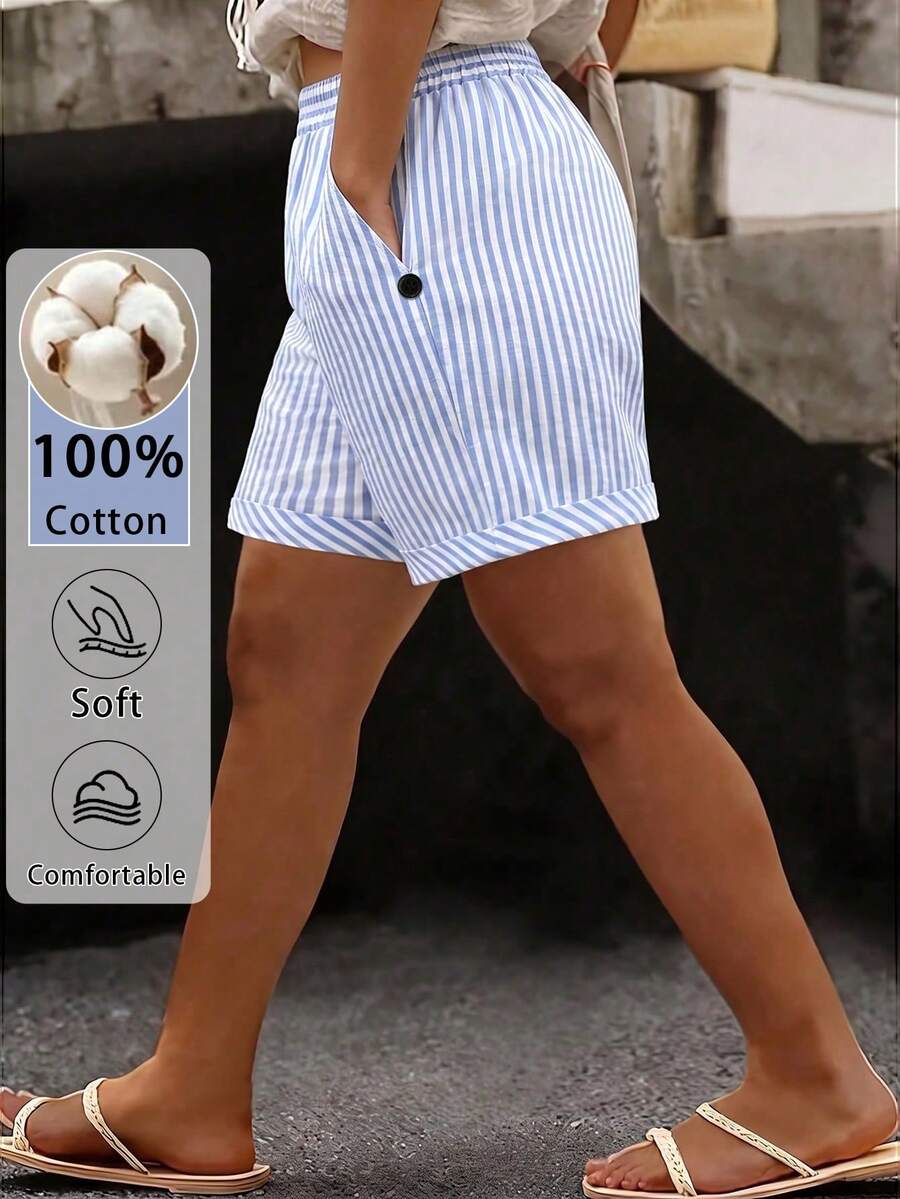 SHEIN LUNE CURVE Plus Size Summer Casual Versatile Striped Pocket Shorts - Blue and White - View 1
