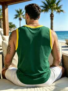 Manfinity Dauomo Men's Casual Vacation Letter Print Colorblock Tank Top Beach - Green - View 2