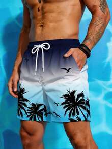 Manfinity KASUA Men's Vacation Coconut Tree Print Drawstring Waist Pocket Beach Shorts - Blue and White - View 3