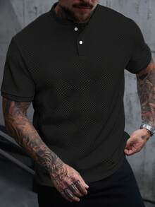 Manfinity Homme 男士立領 Polo 衫，針織提花面料，休閒時尚百搭風格 - 黑色 - 查看 4