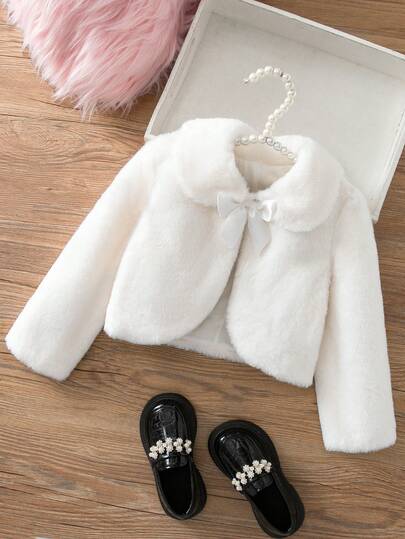 SHEIN Kids Young Girl Young Girl Young Girl Girl Adorable Faux Fur Winter Jacket Plush White Cape Shawl,Elegant Off-White Autumn Warm