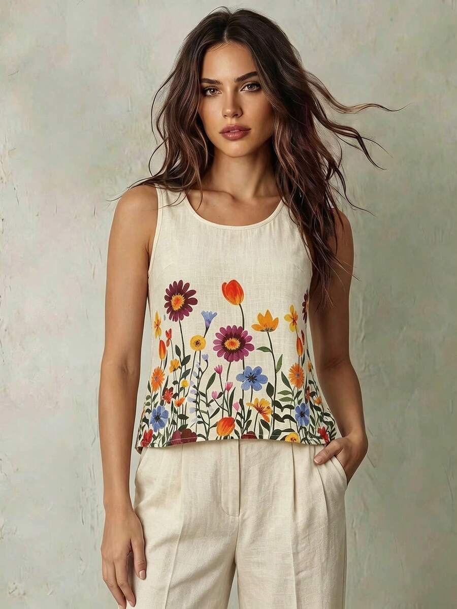 SHEIN Franclia Ärmellose Blumenprint-Tank Top, geeignet für Oster-Garten-Picknick, Sommer-Strandurlaub, Lässig-Wear für Musikfestivals - Verschiedenfarbig - Übersicht 1