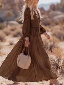 Linhara CURVE Plus Size Women Brown Textured Ruched V-Neck Petal Sleeve Long Casual Elegant Dress Fall - Coffee Brown - View 8