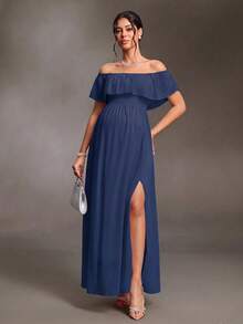 Cheriluna Maternity Elegant Off-Shoulder Ruffle Sleeve Side Slit A-Line Chiffon Maternity Dress - Navy Blue - View 6