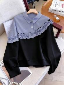 GlowEve CURVE Plus Size Striped Patchwork Ruffle Design Casual Fashion Long Sleeve Shirt 2 In 1 Sweatshirt For Home And Commute Fall - Black - View 1