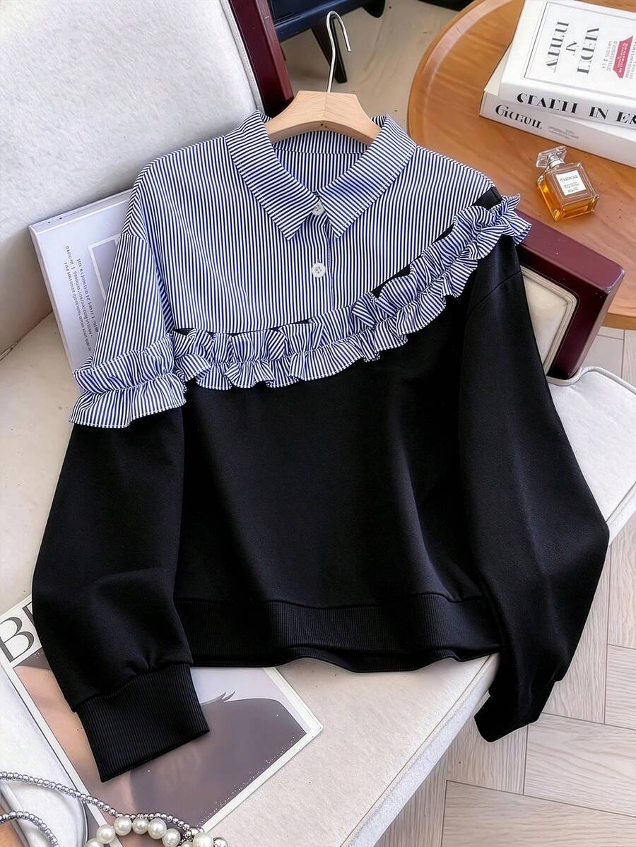 GlowEve CURVE Plus Size Striped Patchwork Ruffle Design Casual Fashion Long Sleeve Shirt 2 In 1 Sweatshirt For Home And Commute Fall - Black - View 1
