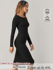 SHEIN BASICS فستان كاجوال ضيق بلون موحد مقاس كبير للخريف - الأسود - مشاهدة 2