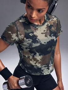 Powerista Women's Loose Mesh Camo Print Sports T-Shirt & Tank Top - Army Green - View 4