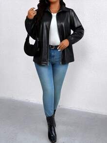 EMERY ROSE Plus Size Women's Hot-Selling Elegant Solid Color Leather Jacket With Lapel And Stand Collar, Long Sleeve Slimming Minimalist Design With Multi-Functional Pockets, Suitable For Daily Wear, Commuting, Dating And Gatherings - Black - View 4