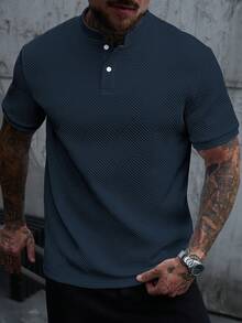 Manfinity Homme 男士立領 Polo 衫，針織提花面料，休閒日常穿著，時尚百搭風格 - 藏蓝色 - 查看 5
