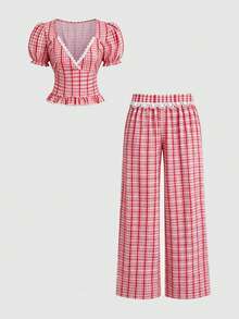 Elamini Women's Contrast Lace Plaid Short Petal Sleeve Blouse And Pants Casual 2 Pieces Set - Multicolor - View 7
