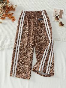 SHEIN Young Girls Long Pants, Spring/Autumn, Classic Brown Leopard Print, Vintage Athletic Style, White Vertical Stripes, Contrast Design, Back-To-School - Multicolor - View 3