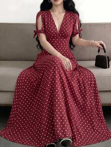 Celisse Women's Deep V-Neck Polka Dot Casual Romantic 1950s Vintage Party Vacation Travel Dress White Polka Dot Summer - Red - View 5