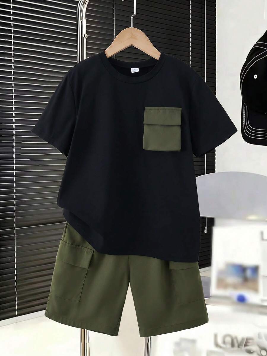 2pcs/Set Boys' Crew Neck Short Sleeve Contrast Color Cargo Pocket T-Shirt & Matching Shorts, Suitable For Summer Outdoor, Commute, School, Sports - Army Green - View 1