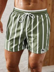 Palasendo Men's Striped Drawstring Waist Beach Shorts For Vacation - Olive Green - View 4