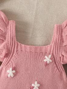 SHEIN Vintaside Kids 女童粉色針織連身褲，荷葉袖與花卉刺繡設計，柔軟舒適針織，可愛復古風嬰幼兒套裝 - 藕粉色 - 查看 3
