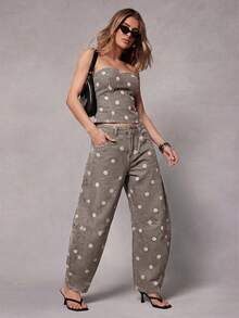 Hauture 女款圓點印花拉鍊開襟寬鬆牛仔褲 - 棕色 - 查看 5