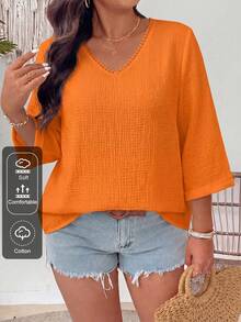 GlowEve CURVE Blusa de lino con textura, cuello en V y estampado floral, versátil, talla grande - Naranja - Ver 1