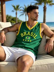 Manfinity Dauomo Men's Casual Vacation Letter Print Colorblock Tank Top Beach - Green - View 4