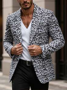 Manfinity Mode 1-Button Leopard Print Men's Long Sleeve Blazer - Black and White - View 3