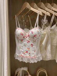 CovetEZ Floral Print Lace Patchwork Underwire Bow Decor Molded Cup Camisole Top - White - View 3