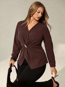 Auralis Plus Size Women's Autumn Fashion Elegant Loose Comfortable Daily Brown Long Sleeve Top, Metal Button V-Neck, Spring/Autumn Outfit, Women's Shirt, Going Out Top/Brown Metal Button Decor Twisted Top/Loose Long Sleeve Shirt/Elegant Commute Office Workplace Outfit Mermaid Style High-End Party Outfit/ - Brown - View 4