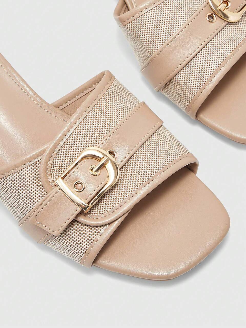 CUCCOO BIZCHIC Summer New Square Toe Thick Heel Apricot Splicing Building Color Buckle Women's Middle Heel Sandals Slippers Casual Fashion Versatile Comfortable Fall Shoes