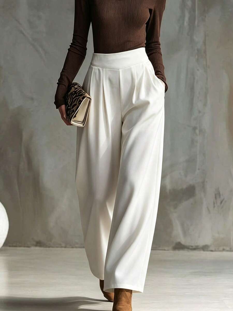 Franclia Women's Ruched Wide Leg Casual & Office Pants, Minimalist Style - White - View 1