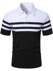 Manfinity Homme 男士夏季休閒拼色拼接 Polo 衫 - 黑與白 - 查看 4